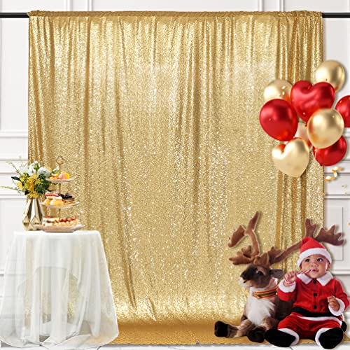 Image of PartyDelight Light Gold Sequin Backdrop 8x8ft 4 Inch Rod Pocket | Dense 3mm light gold sequins on mesh backing with 4 inch rod pocket for group photos wedding walls stages and banquet focal