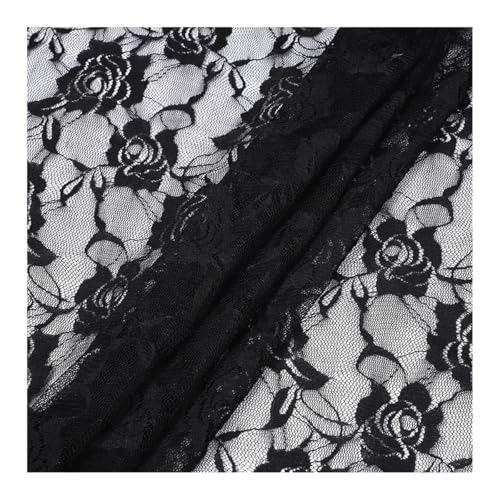 AMateschitz Tela de encaje vintage de 150 cm de ancho, tela de encaje con rosas bordadas y flores suaves, tela de tul por metro, para costura, ropa, vestido de boda, fiesta, bricolaje, negro, 2 yardas