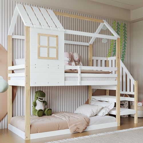 Azkoeesy Litera para 2 niños, 90 x 200 cm, Cama Infantil en Forma de casa, con Escalera, Ventana, Techo, Material de Pino, Color Blanco