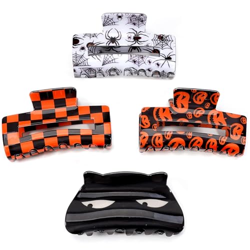 4 Pack Halloween Hair Claw Clips for Women Girls Gifts Pumpkin Spider Web Cat Hair Clips Fall Orange Lattice Hair Banana Barrettes Hair Accessories Nonslip Halloween Hair Clips