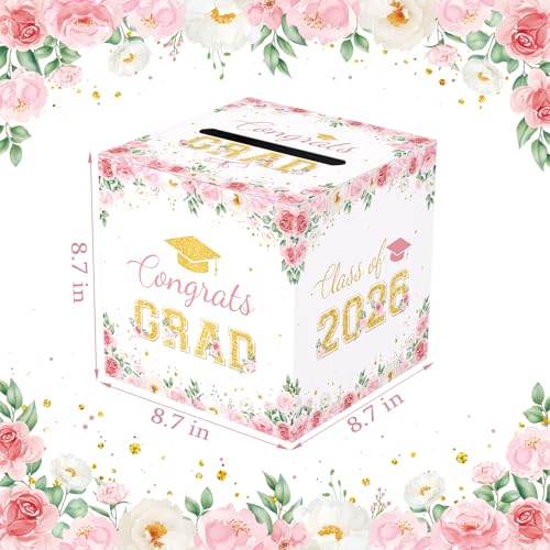 Image of Floral Graduation Card Box 2026, Pink Flower Congrats Grad Card Holder Box, Graduation Party Money and Gift Card Box, Foldable Graduation Gift Grad Parties, 8.7 x 8.7 x 8.7 Inch