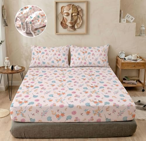 Image of BSB HOME 240 TC Cotton Fitted Double Bedsheet with 2 Pillow Covers, Elastic Bed Sheet, Soft Breathable Skin-Friendly Fabric, All Season Comfort - 72 x 72 + 8 Inches (Petal Pink)