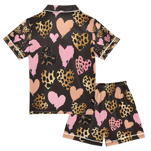 senya Leopard Heart Satin Summer Pajama Sets Silk Short Sleeve Button Down Sleepwear2