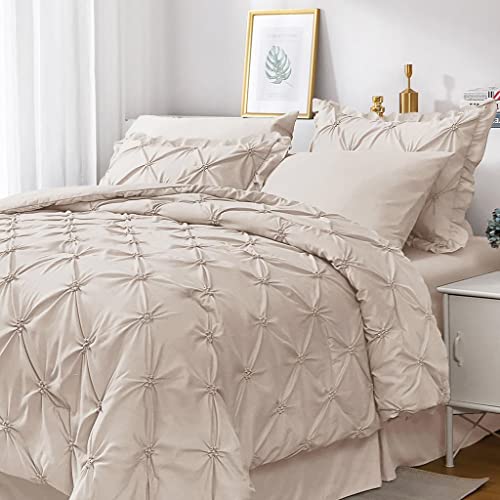 JOLLYVOGUE Beige Cal King Size Comforter Sets 7 Pieces, Pintuck Bed in a Bag Comforter Set for Bedroom, Bedding Comforter Sets with Comforter, Sheets,Ruffled Shams & Pillowcases