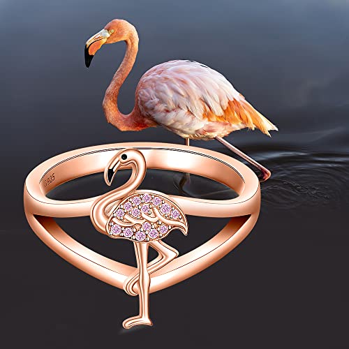 Flamingo Ring for Women Sterling Silver 925 Cute Animal Rose Gold Pink Bird Flamingo Wedding Engagement Finger Rings Summer Jewelry Christmas Gifts 7
