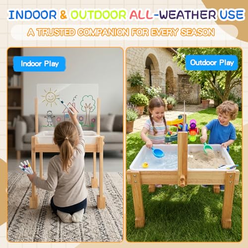 Image of Sand and Water Table for Toddlers, Wooden Activity Sensory Table | Kid Outdoor Toys with Painting PS Board, 2 Collapsible Bins, Beach Accessories, 4 Washable Paint Crayons and Waterproof Cover