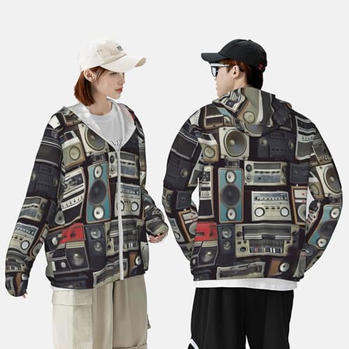 Sun Protection Hoodie for Men Women UPF 50+ Long Sleeve Rash Guard Jacket Vintage Wall of Radio Boombox Lightweight Sun Shirt4