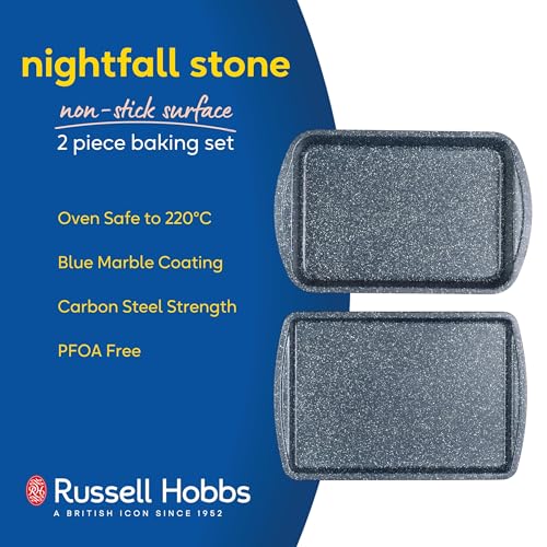 Russell Hobbs 2pc Nightfall Tray Set - Non-Stick Stone Oven Baking & Roasting Tray, 38cm Oven Baking Sheet & Roaster, Oven Safe to 220°C, Easy Clean, Blue Marble Carbon Steel - Image 3