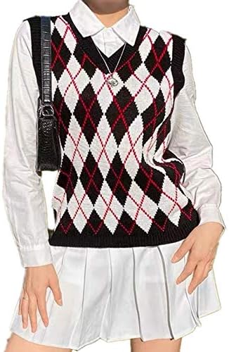 Hyipels Argyle Sweater Vest Women,Y2K Sleeveless Sweaters Plaid Knitted Streetwear Preppy V Neck Long School Tank Top