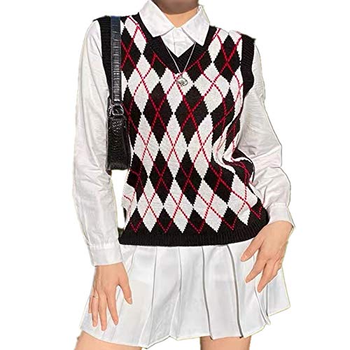 Image of Sweater Vest Women,Sleeveless V Neck Argyle Plaid Long Preppy Loose Knitted Casual School Sweaters Tank Top