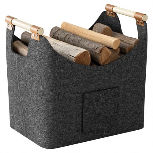 Holzkorb für Kaminholz-XXL, Brennholzkorb aus extra dickem Filz mit verstärkten Holzgriffen, 60L Groß Kaminholzkorb für Holz, Zeitung oder Brennholz