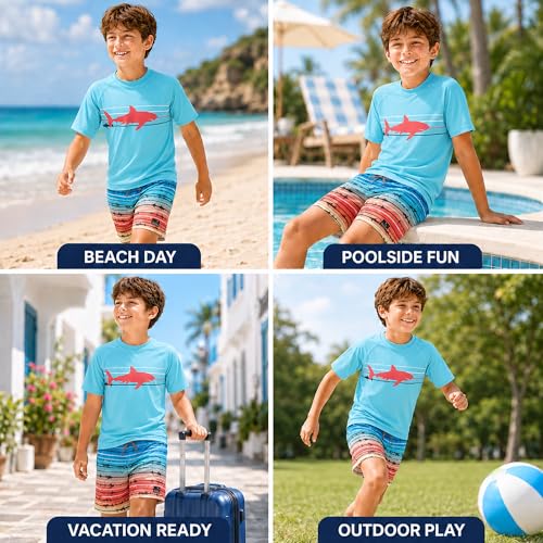 Image of Big Chill Boys Swim Set - 2 Piece Quick Dry UPF 50 Short Sleeve Rash Guard for Boys and Swim Trunks - Swimwear Set for Kids