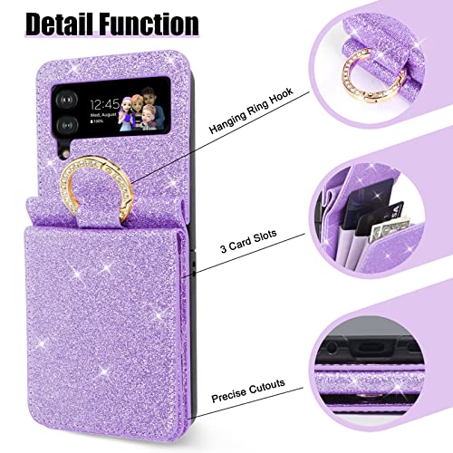 Ksridote For Samsung Galaxy Z Flip 4 Case With Ring Card Holder Hinge Protection, Bling Samsung Z Flip 4 Case Wallet Glitter Galaxy Z Flip 4 Wallet Case Cell Phone Case Cover Purse For Women, Purple #TOP2