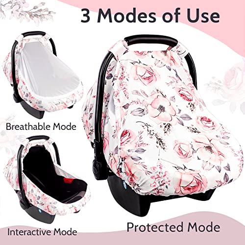 Image of Carseat Cover Girls, Floral Baby Carseat Canopy with Zipper Mesh, Infant Stroller Cover, Watercolor Pink Flower