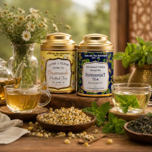 Image of Sancha Tea Boutique, Chamomile Flower (50g) & Peppermint Herbal Teas (25 Pyramid Bags), Caffeine Free Herbal Tisanes, Refreshing & Calming Drinks