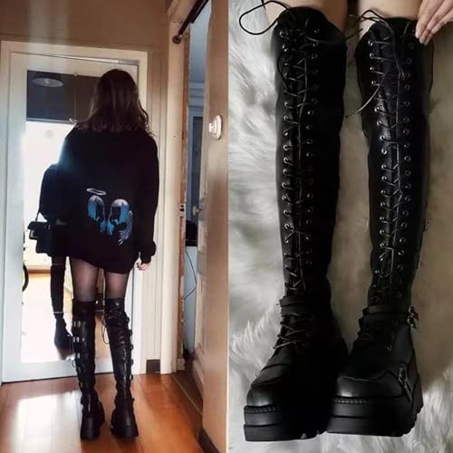SACFOF Womens Platform Over The Knee Wedges Chunky Booties Winter Buckles Long Boots Motorcycle Punk Goth Combat Boots4