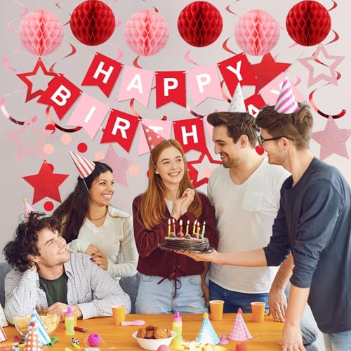 Image of Birthday Decorations Happy Birthday Banner with Honeycomb Balls | 16pcs Birthday Set: 1 Banner+6 Honeycomb Balls+8 Star Spirals+1 Circle Dots, Happy Birthday Decor - Red