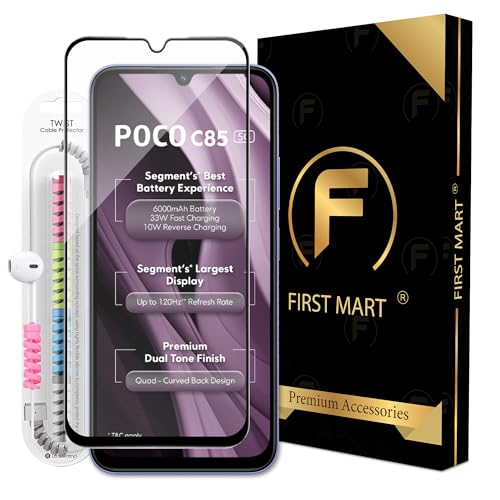 Image of FIRST MART Military-Grade Gorilla Tempered Glass For Poco C85 | With Edge To Edge Screen Coverage, Cable Protector and Easy Installation Kit | Black
