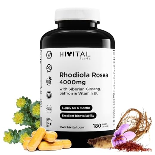 Rhodiola Rosea 4000 mg. 180 cápsulas veganas. Con extractos de Rodiola Rosea, Ginseng Siberiano, Azafrán y Vitamina B6