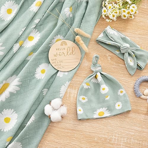 Image of BabyWhale Muslin Swaddle Blanket with Hat and Headband Bow, Daisy Pattern Swaddle Set for Baby Boys & Girls, Soft Receiving Blanket, 47x47 inches, Green