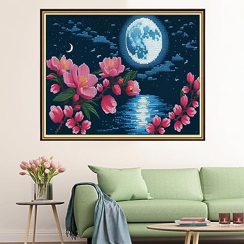 Image of Findvoor Stamped Cross Stitch Kits for Beginners Full Range of Cross Stitching Embroidery Pattern for Adults, 11CT DIY Needlepoint Embroidery Starter Kits-Moon Peach Blossom 15.7x19.7 inch