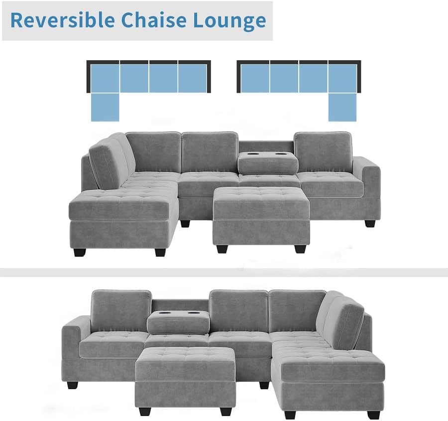 Camden Gray Velvet L-Shaped Sectional Sofa with Reversible Chaise and with Storage Ottoman
