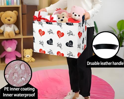 Image of Large Valentine's Day Basket Heart Shaped Storage Bin for Gifts Collapsible Organizer Room Decor (Red Black Love You)