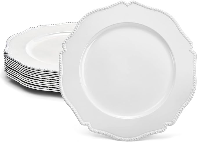 Foraineam 12 Platos Cargadores Blancos con Borde Abalorado, 33 cm, Redondos, Plástico miniatura 4