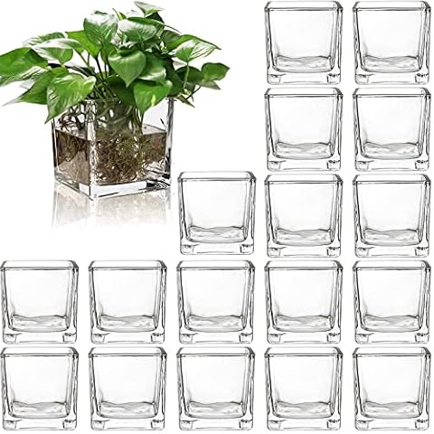 ZEAYEA Set of 18 Small Square Glass Vase, 2.4" x 2.4" Clear Cube Vase for Wedding Centerpieces Home Party Decoration, Square Glass Votive Candle Holder Cover
