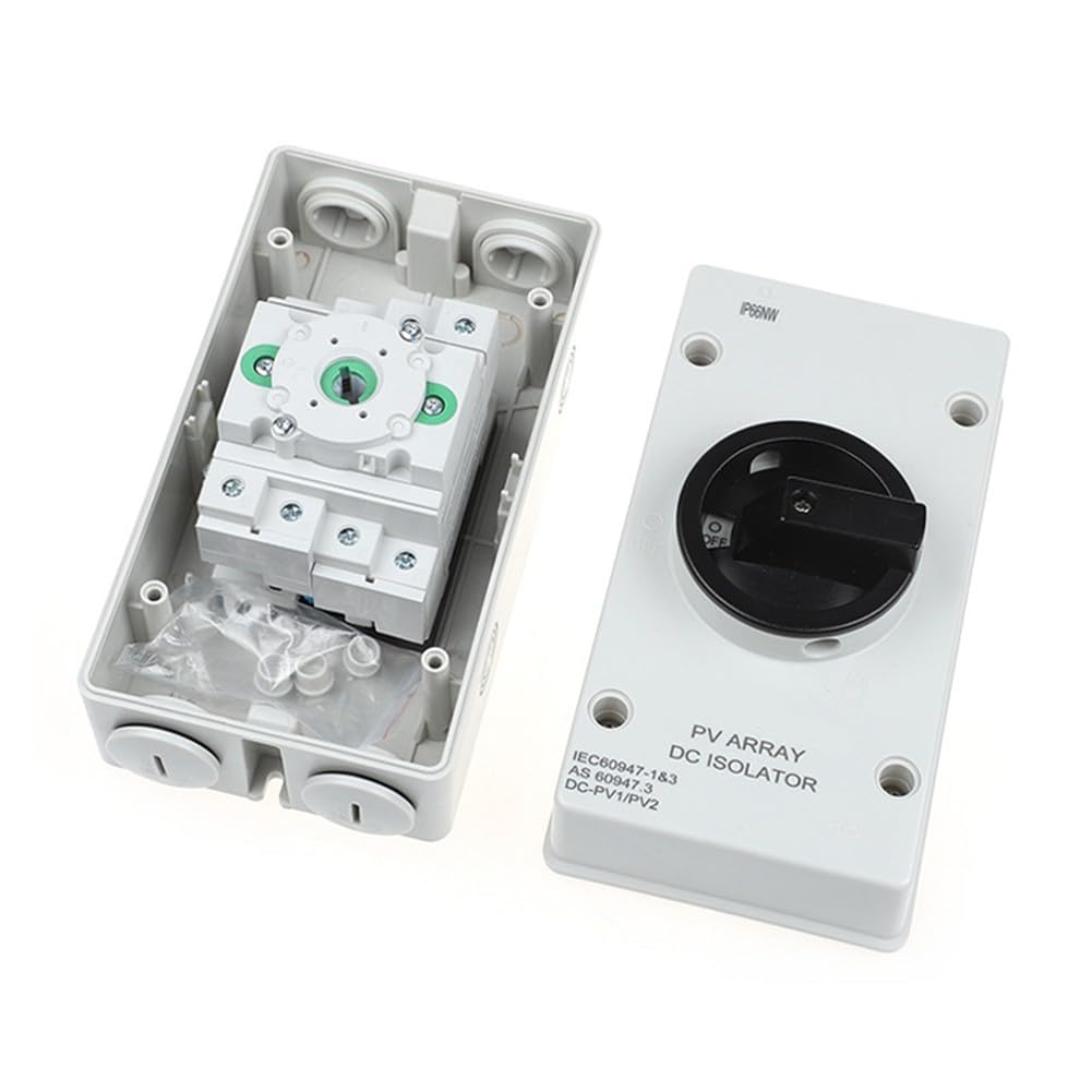 KiraKira IP66 32 A przełącznik izolacyjny DC do paneli fotowoltaicznych 1200 V bezpieczna skrzynka odłączająca ze wstępnie okablowanymi złączami i kłódką do domu, kampera, kolor morski biały