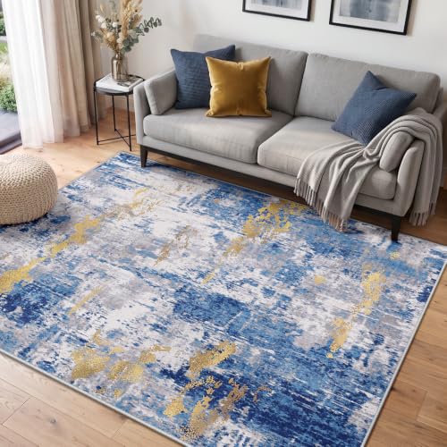 INOVADAY Abstrakt Waschbarer Teppich 120x180 cm Blau/Gold – Ansicht 1