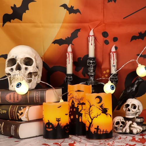 Image of Wondise Halloween Rechargable Flickering Flameless Candles with 6H Timer, Battery Operated LED Real Wax Candles with Charging Base Set of 3 Halloween Home Decoration Gifts(3 x 4 5 6 Inch)