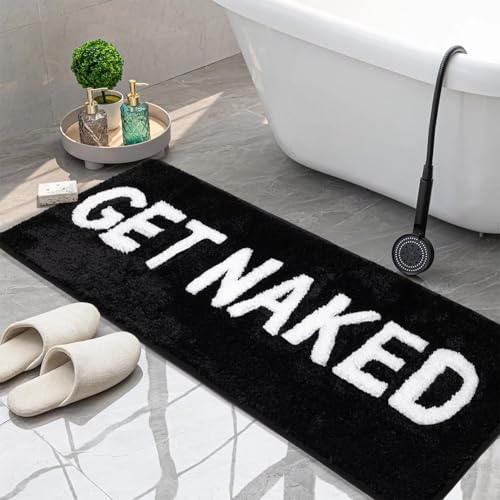 KOEXM Get Naked Bath Mat Long Runner Mat Cute Bathroom Rugs Non Slip Absorbent Black Funny Bathroom Decor for Apartment Tub Shower 18 x 47 Machine Washable