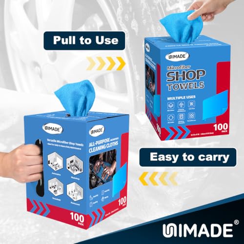 Image of UNIMADE Shop Rags, 2 Boxes - 200 Sheets Microfiber Cleaning Cloth | Commercial Grade Washcloths Lint-Free Bulk Shops Towels for Cars Mechanic Restaurant Garage Housekeeping, 11 inchx 9 inch, Blue