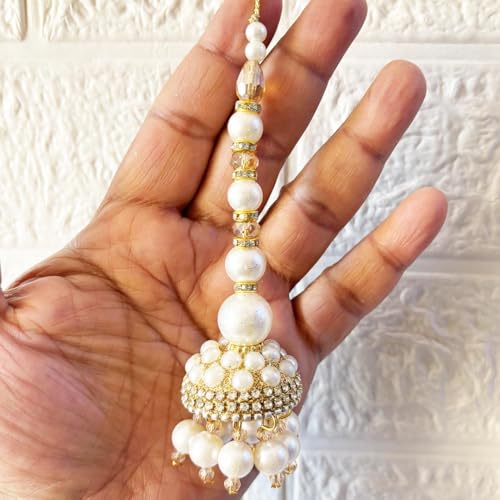 Image of Adikala Craft Store Handmade Ethnic Latkan Tassel Set of 2 for Saree Pallu, Blouse, Suits, Dupatta, Lehenga Decor | Ethnic Saree Pallu, Blouse, Suit, Dupatta & Lehenga Decoration (White Glitter D1)