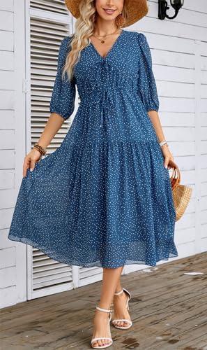 Kormei Women's Casual 3/4 Sleeve Summer Dress Boho Floral Print V Neck High Waist Long Party Beach Flowy Maxi Dresses3