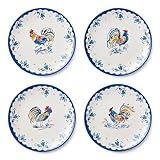 French Rooster Ceramic DINNER PLATES,SET OF 4, 11‑inch plates with classic blue border and multicolor rooster art, perfect for farmhouse dining, rustic kitchens, everyday meals, country décor