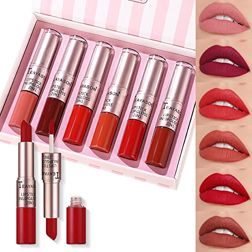 6 pcs Brillant à Lèvres Mat avec Rouge à Lèvres Longue Tenue Brillant a Levres Waterproof Rouge à Lèvres Liquide Sans Transfert Maquillages pour Cadeau Femme Filles (#A) Cover