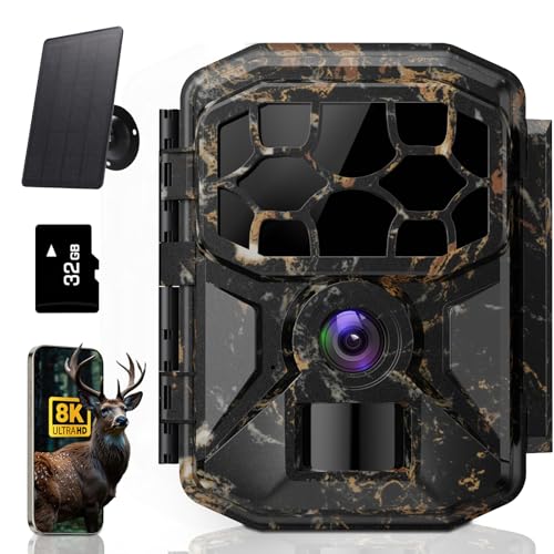 Caméra de chasse - Solaire 8K 60MP WiFi camera animaux,activation par mouvement en 0,1 seconde, portée de détection de 19,8 mètres, vision nocturne HD sans...