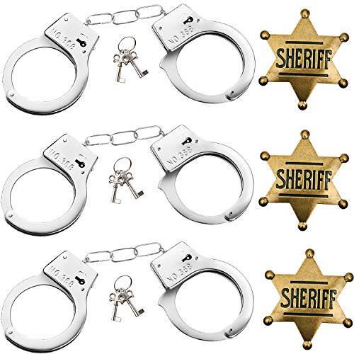 6 Pieces Metal Sheriff Badge Set Included 3 Pieces Bronze Western Sheriff Toy Badge and 3 Pieces Metal Handcuffs with Key Fake Handcuffs Western Cowboy Badge for Halloween Party Favors Supplies