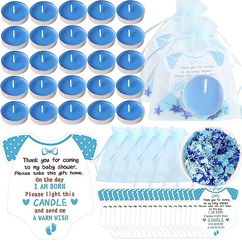 50 Sets Blue Baby Shower Favours with Thank You Cards Tea Light Candles for Guests Gender Reveal Party Gift Cute Boy Themed Decorations