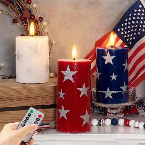 Image of JOIONE Patriotic Flameless Pillar Candles with Remote, 3 Pack Home Decor | Battery Operated, Star Sticker, Real Wax, Remote Control, Warm Flickering Glow, 4th of July Independence Day Party Decor