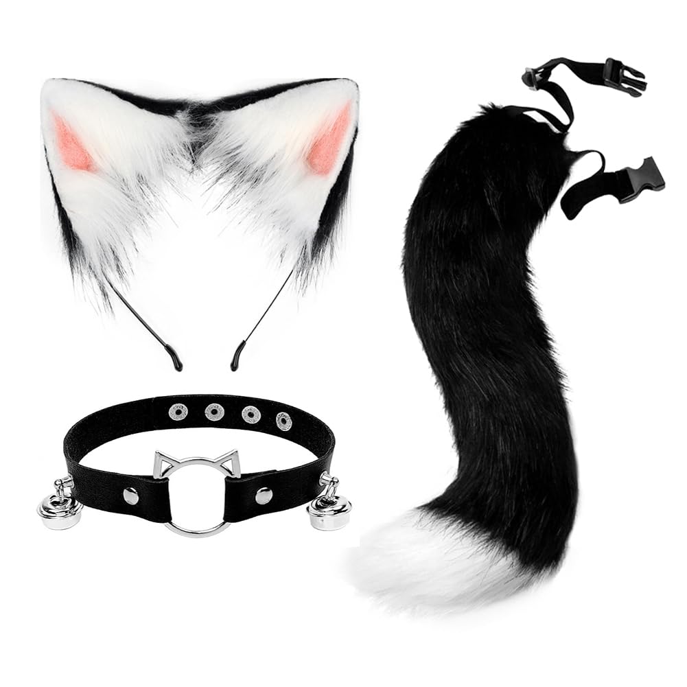 3 Pcs Faux Fur Cat Tail Ears Headband Neck Choker Set for Women Ladies Halloween Costume Fancy Dress Fluffy Cute Cat Hair Clip Choker with Bell Wolf Animal Dress Up Cosplay Party Accessory Outfit
