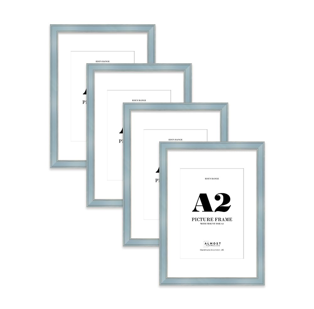 A2 Cornflower Blue Picture Frame with A3 Mount - Shabby Chic Photo Frame with Distressed Finish, Gold Trim, Wall Hooks, 37mm Edge - 4 Pack
