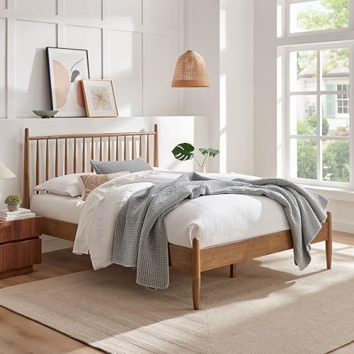 Modway Zane King Size Spindle Bed in Walnut – Solid Wood Platform Bed Frame with Headboard, No Box Spring Needed