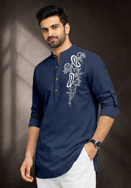 Image of Cotton Blend Self Design Printed Casual Short Kurta for Men Long Sleeve Mandarin Collar Stylish Kurta Shirt for Men