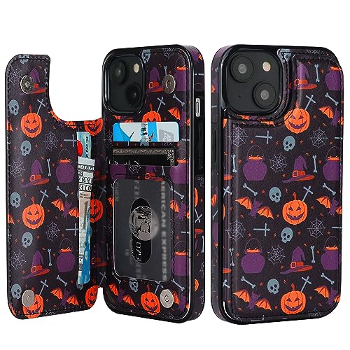 Image of HAOPINSH for iPhone 13 /14 Wallet Case with Card Holder, Halloween Pumpkin Pattern Back Flip Case PU Leather Kickstand Card Slots Case for Women Girls, Double Magnetic Clasp Shockproof Cover 6.1 inch