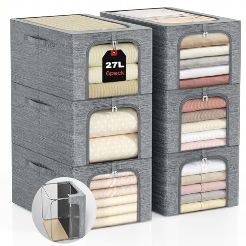 Image of GoMaihe Baby Clothes Storage Bins with Metal Frame, 6-Pack Small Closet Storage Bin with Lid & Clear Window, Nursery Organizer for Baby Clothing, Toddler Kids Storage Boxes, Cationic Fabric 27L