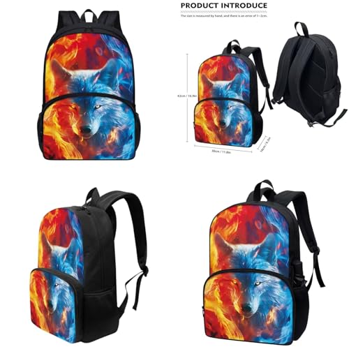 Fire Wolf School Backpack for Teens Boys Kids Book Bags for Boys Kawaii School Bags Reinforce Easy Clean Long Term Use 4 Piece Set Ideal Gift Kids Long Term Use Easy Care3