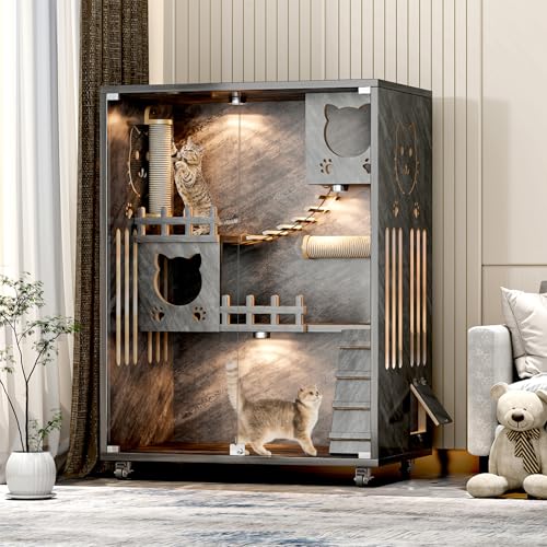 Enclosed Cat Villa, Wooden Large Cat Candos, Indoor/Outdoor Cats Enclosure with Wheels, Multi-Feature Cat House for Indoor Cats Ventilation Glass Doors, 50" X 36" X 24" (Grey, 50" X 36" X 24")